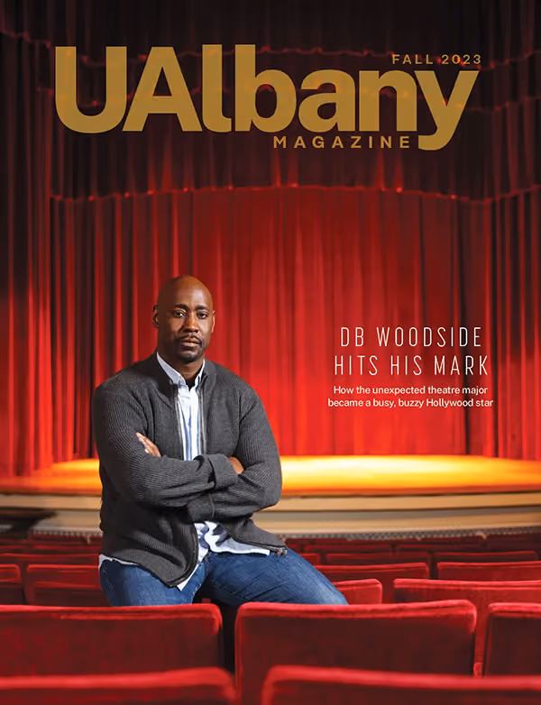 Fall 2023 UAlbany Magazine Cover: DB Woodside Hits His Mark