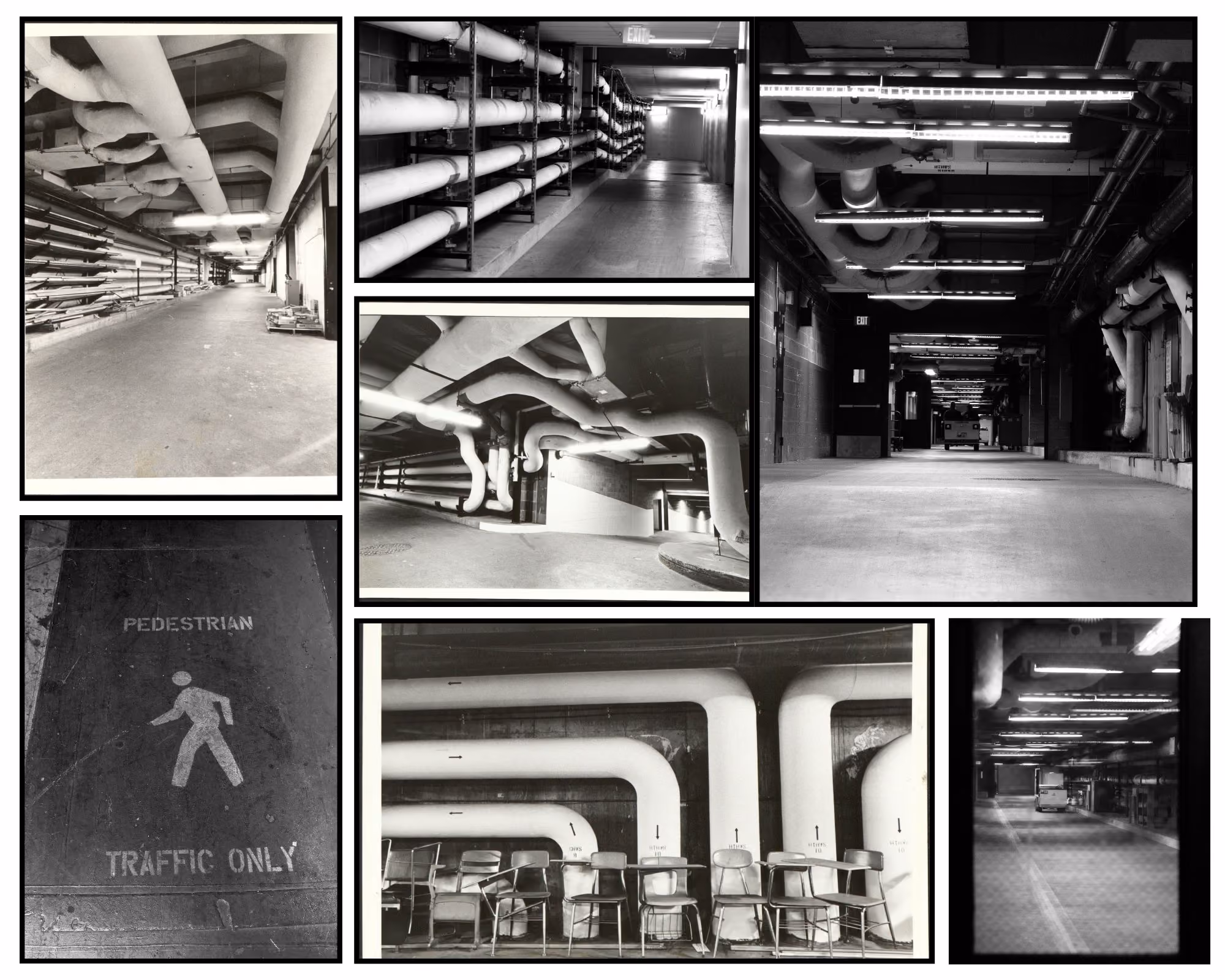 a collage of black and white images showing a tang eof large insulated water pipes and an electric cart snaking through the tunnels.