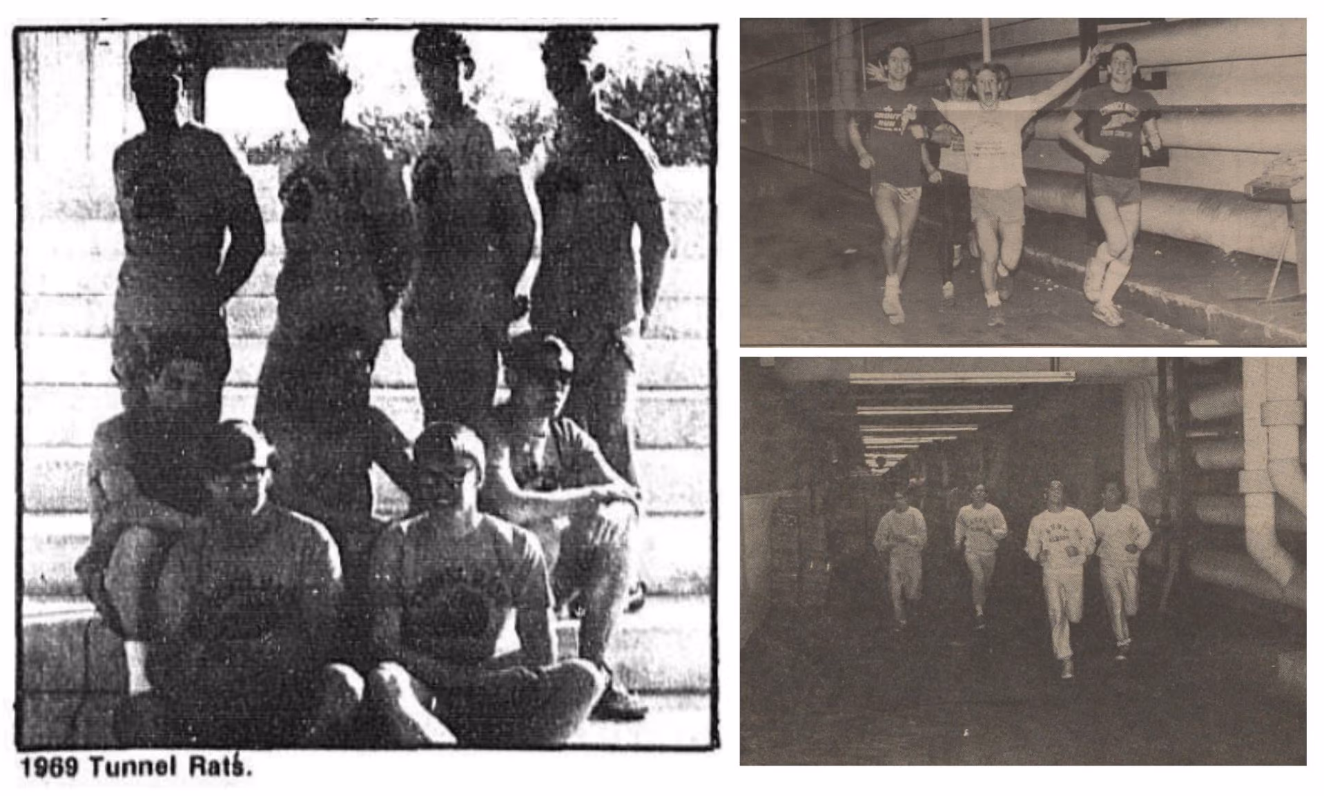 a collage of black and white archival newspaper images showing student athletes running through the tunnels