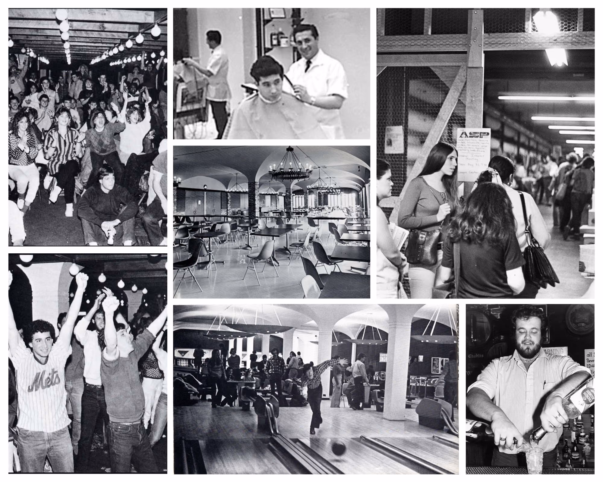 a collage of black and white archival photos of students celebrating in a pub-like environment, a barber giving a person a hair cut, students lined up to buy books and a man making drinks.