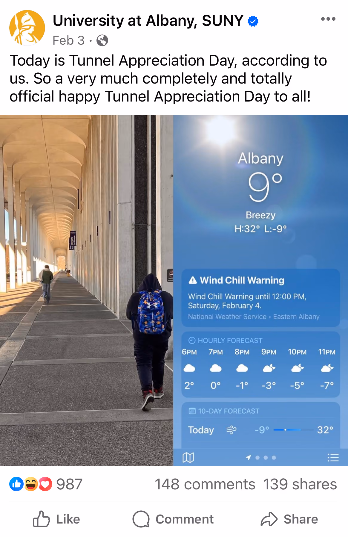 A screenshot of a Facebook post from the University celebrating "Tunnel Appreciation Day".