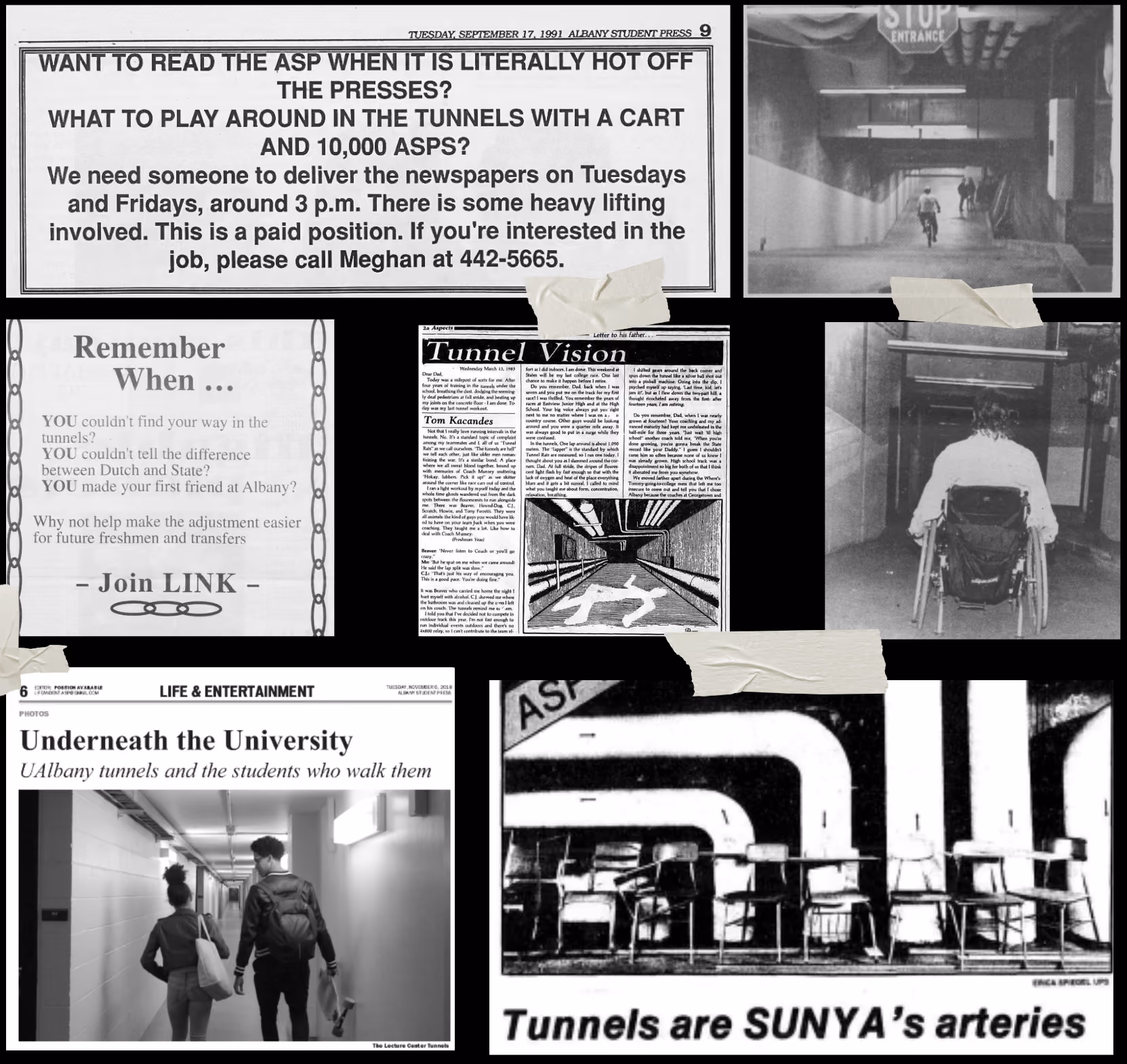 A collage of black and white archival images of articles and photos featuring the tunnels from the Albany Student Press