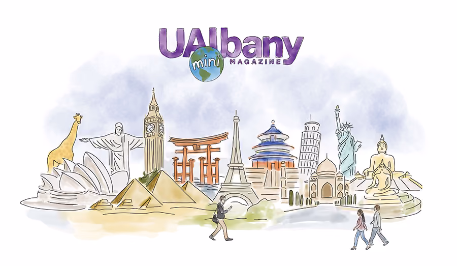 A watercolor illustration of landmarks from around the globe.