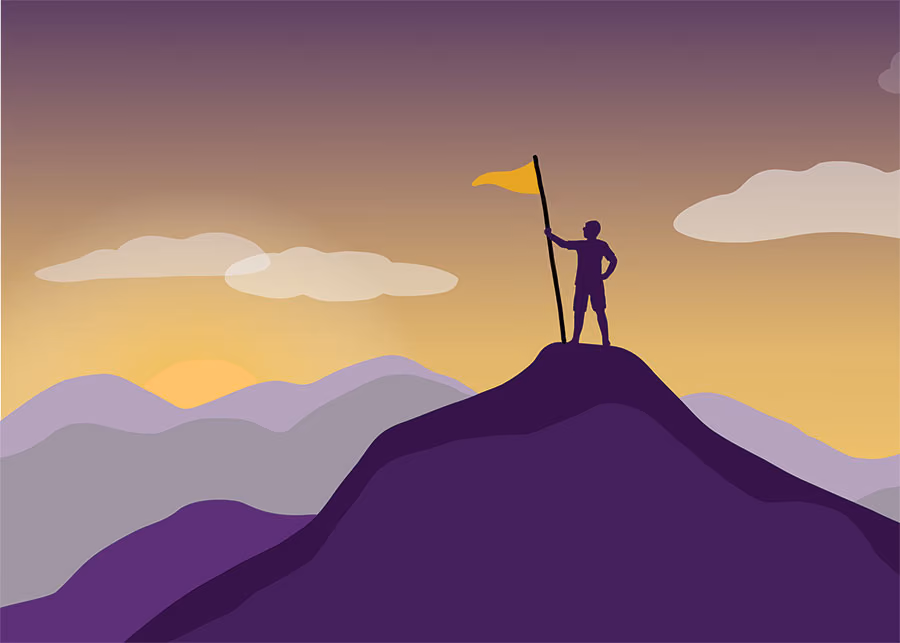 A purple mountain illustration with a figure at the top of one the mountains holding a gold flag.