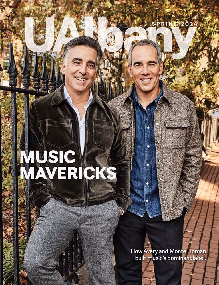 Music Mavericks Monte and Avery Lipman are featured on the cover of the spring 2024 UAlbany Magazine.