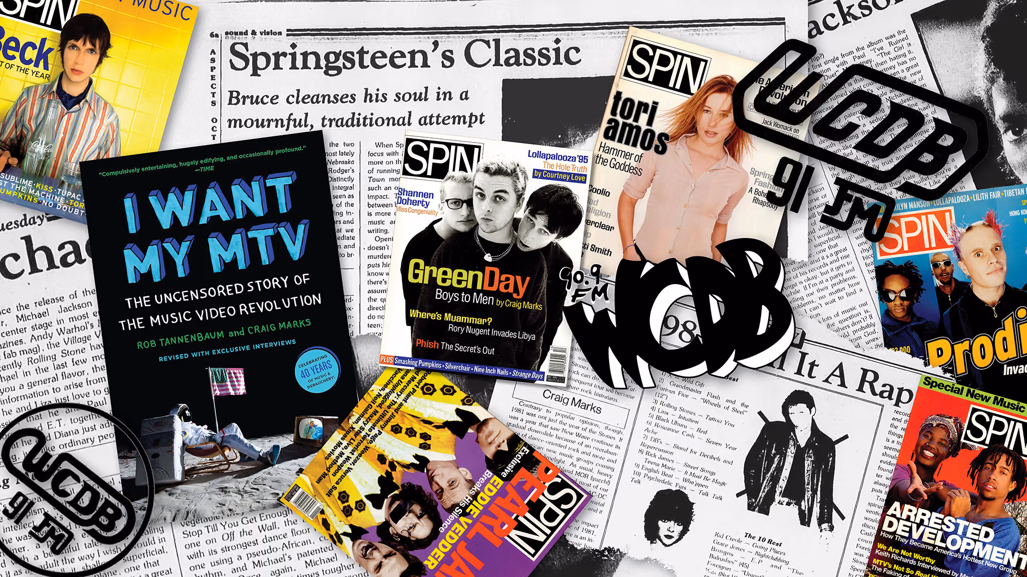 A collage of newspaper pages and magazine covers