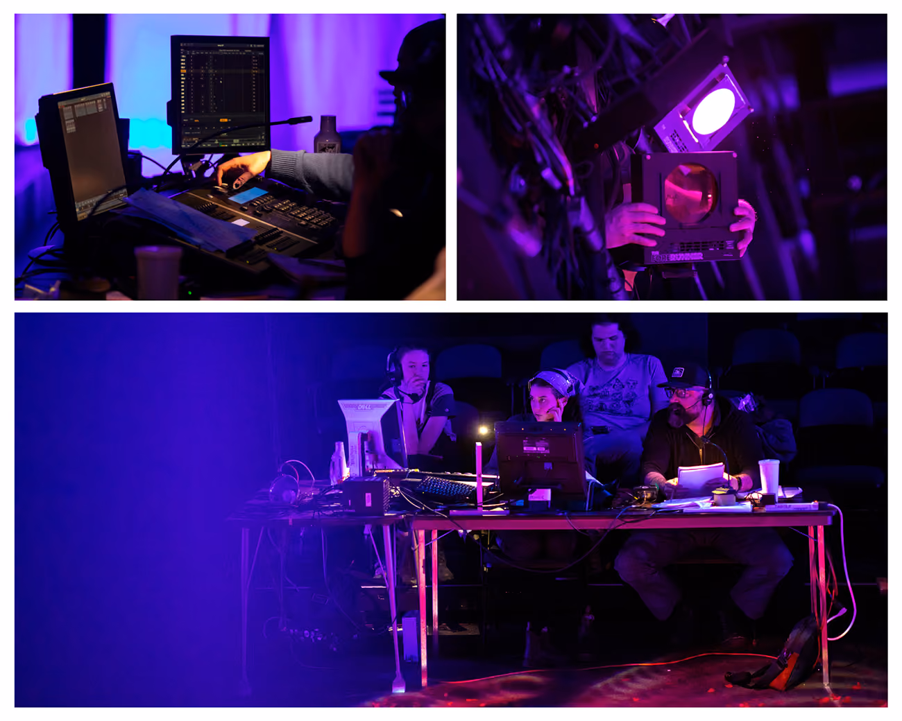 A collage of three images: a close-up of the lighting control board, a close-up of a colored gel being placed over stage lighting, and a medium shot of individuals around the lighting control board. in a darkened theatre.