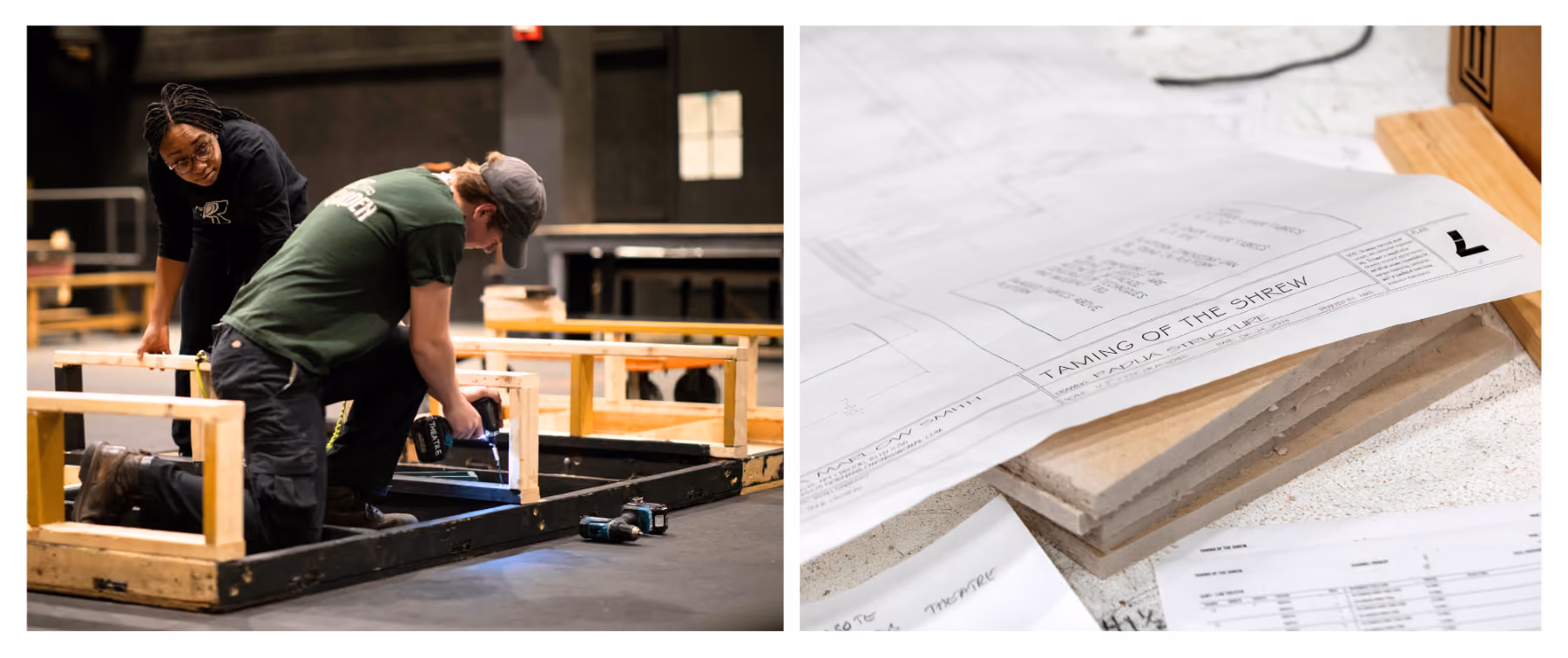 A two photo collage: left image, two people build a wooden structure; right image, blueprints for the set read "Taming of the Shrew, Padua Structure"