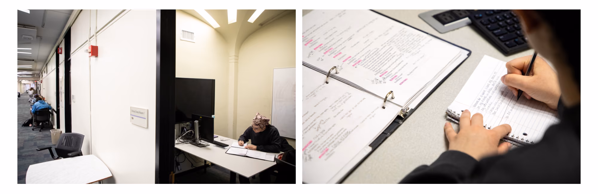 A collage of two images, on the left a student studies in a private room in the library. On the right, a close up of her hand writing in a notebook.