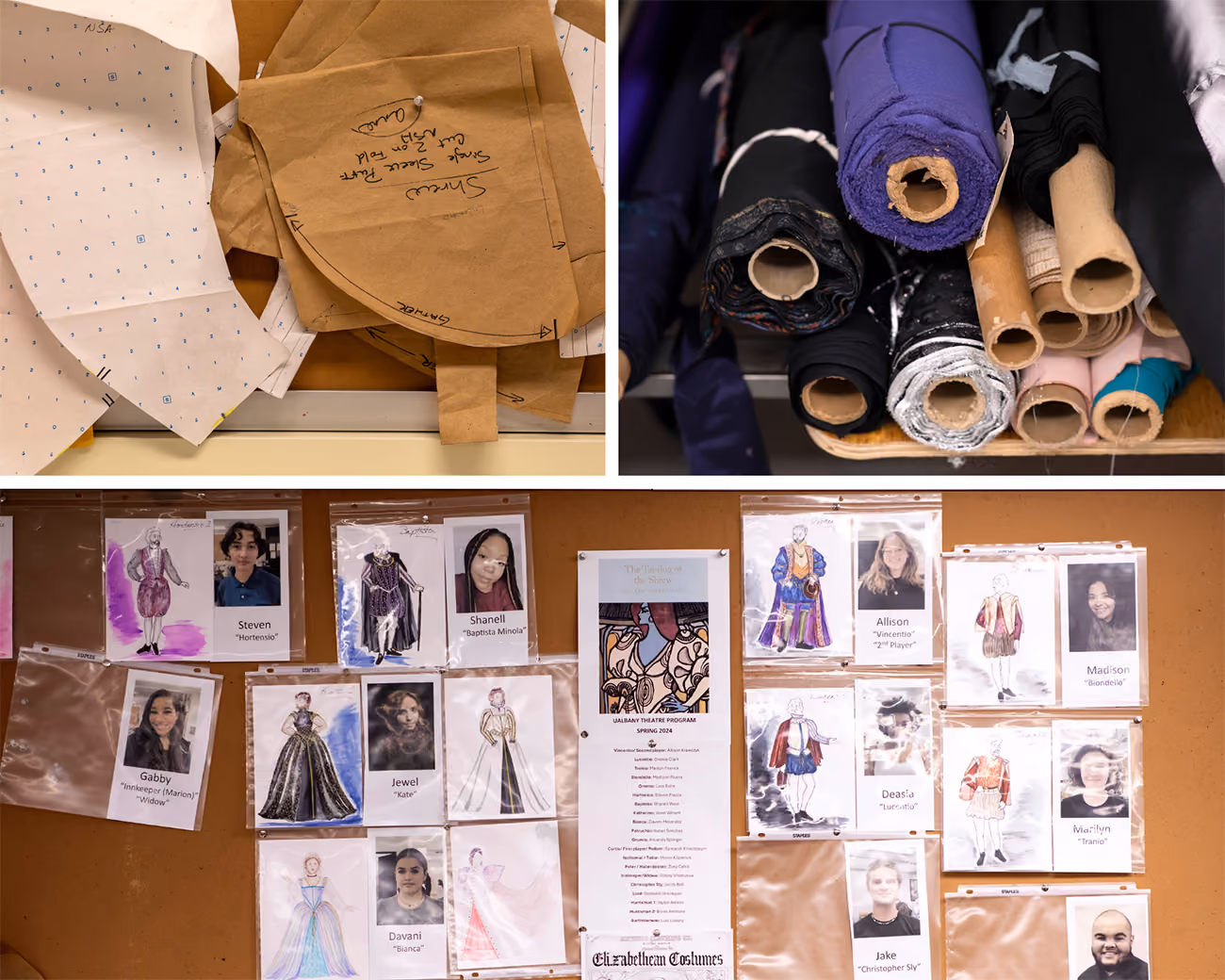 A collage of three images: sewing patterns pin to a board, bolts of fabric, and pictures of actors with drawings of costumes they will wear.