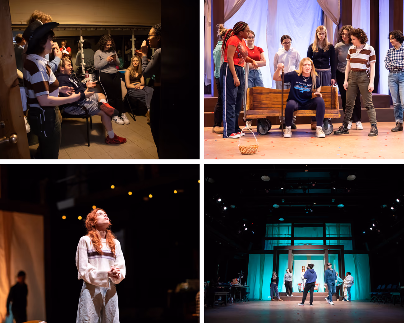 A collage of four images: upper left, students talk in the make-up room; upper right, a group of student actors rehears onstage; bottom left, a female actor stands on stage looking up towards the light; bottom right, a group of students form a circle onstage