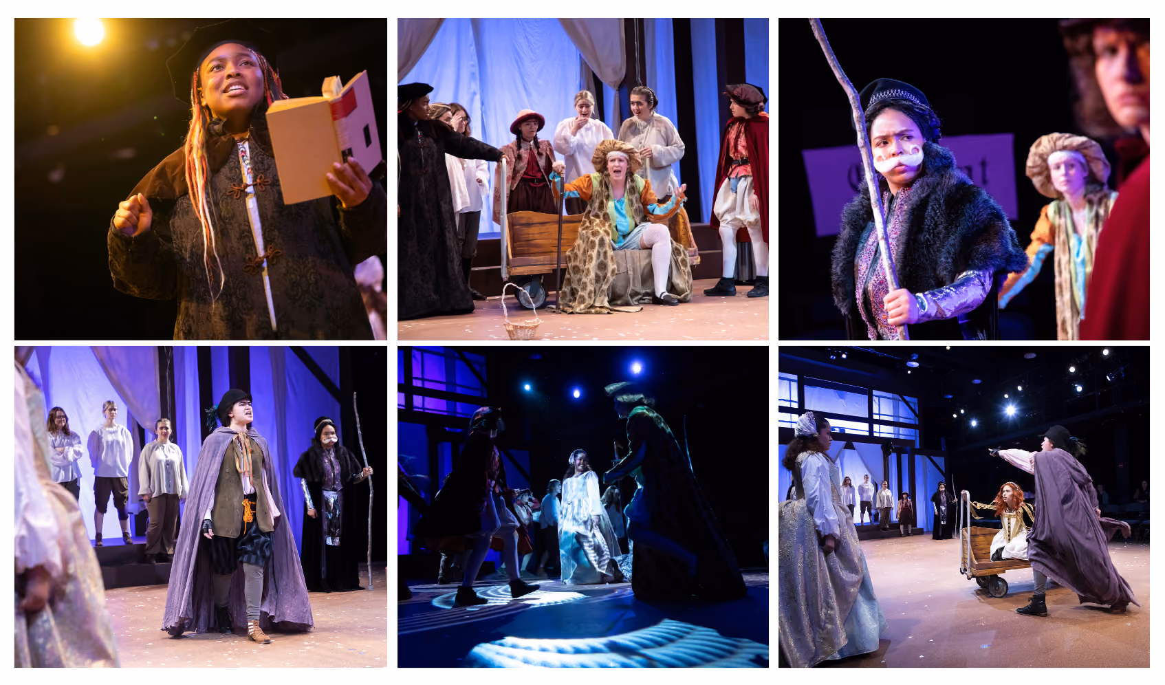 A collage of six images during the performance: upper-left, a female actor holds a book while reciting her lines; upper-middle, a group of actors stand around another actor who is sitting and holding a cane; e scene; upper-right, the female actor with the fake mustaches holds a wooden staff and looks towards stage left with other actors in the foreground and background; lower left, an actor centerstage delivers her lines toward the audience; middle lower, actors dance in a circle; lower right, an actor points dramatically toward the rear of the stage.