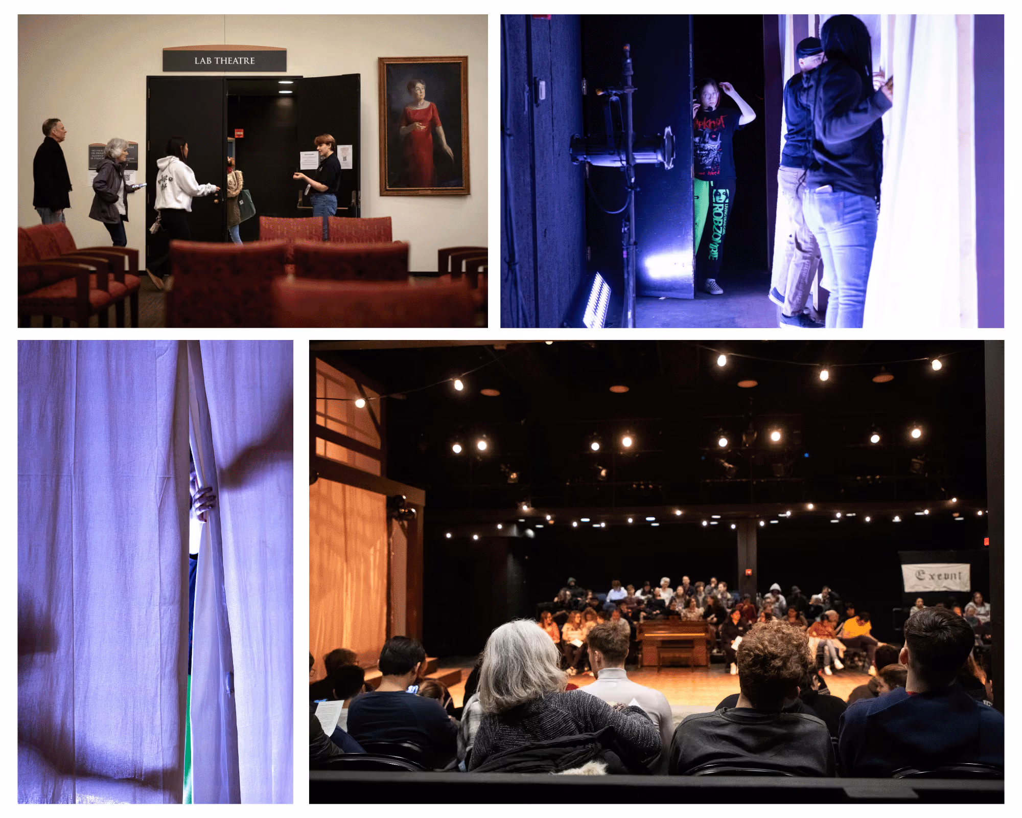 A collage of four images: Upper left, patrons enter the theatre as an usher greets them; upper-right, backstage crew move a set piece; lower-left, a hand parts the theatre curtain; lower right, looking from the audience perspective across the circular theatre to reveal packed house.