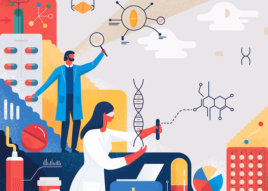An illustration of scientists in various roles.