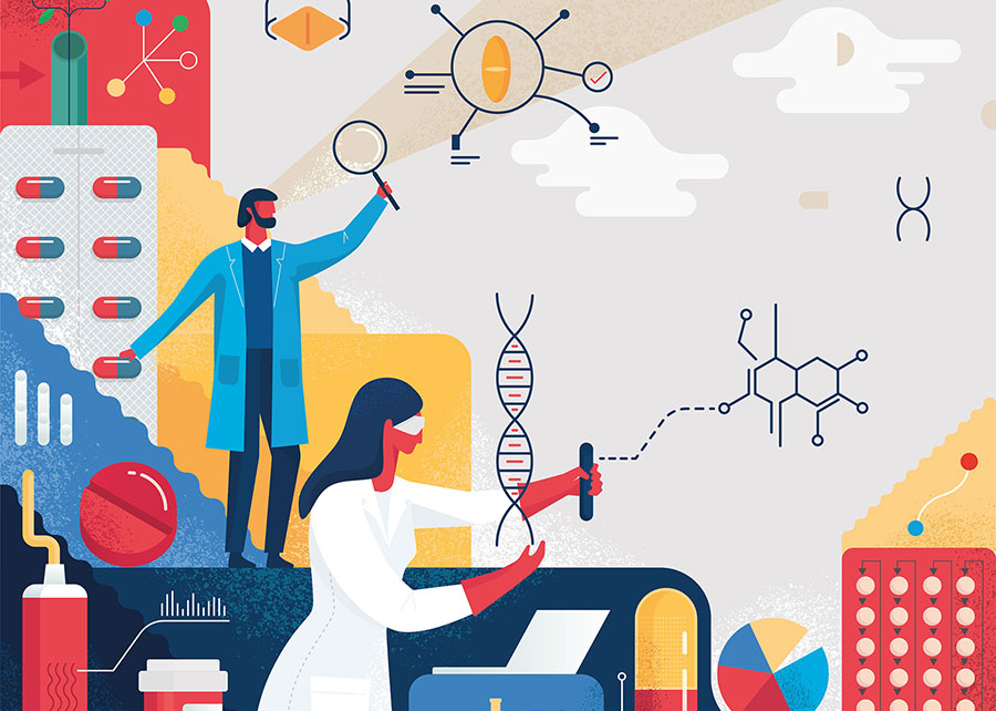 An illustration of scientists in various roles.