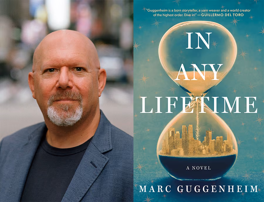 Marc Guggenheim and the cover of his new book In Any Lifetime