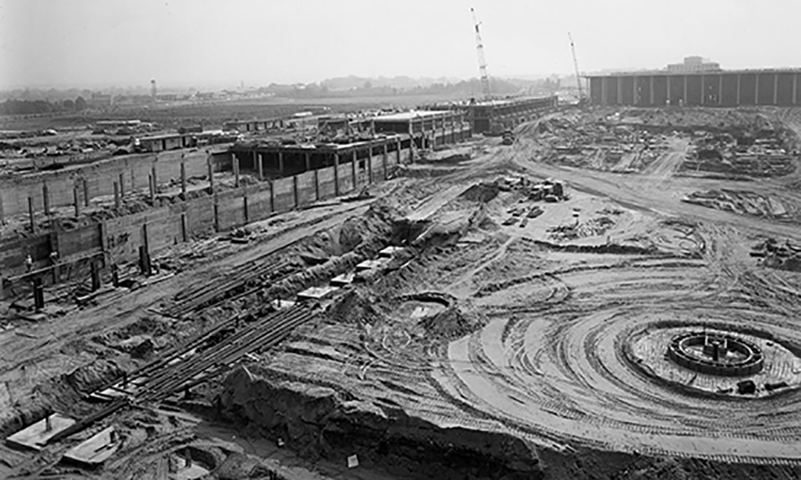 Black and white photo of construction of the base of the water tower from Sept. 23, 1965.
