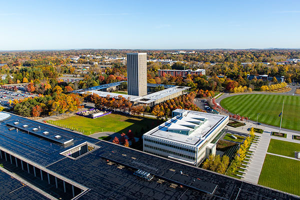 View from the top of the Carillon looking down on the Massry School of Business and Colonial Quad.