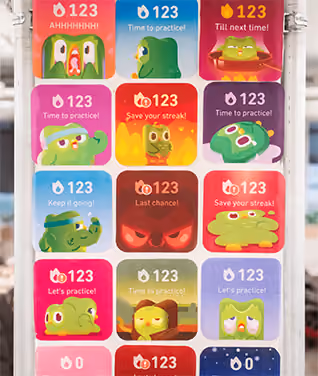 A poster with several screenshots of Duo with various reactions to user progress in the app.