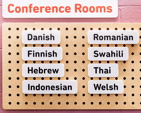 A peg board under a label for Conference rooms with cards for several languages.