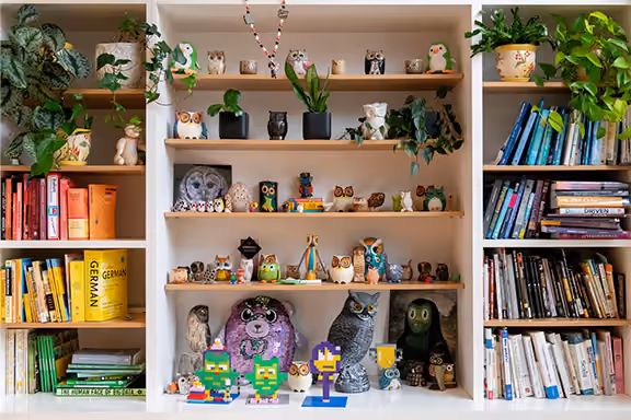 A white bookshelf with colorful books and figures representing various areas at Duolingo.