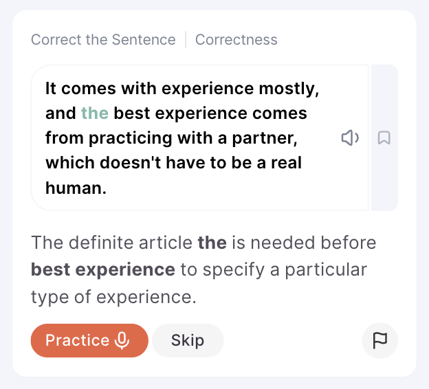 Grammar correction showing the addition of 'the' before 'best experience' with explanation and practice button.