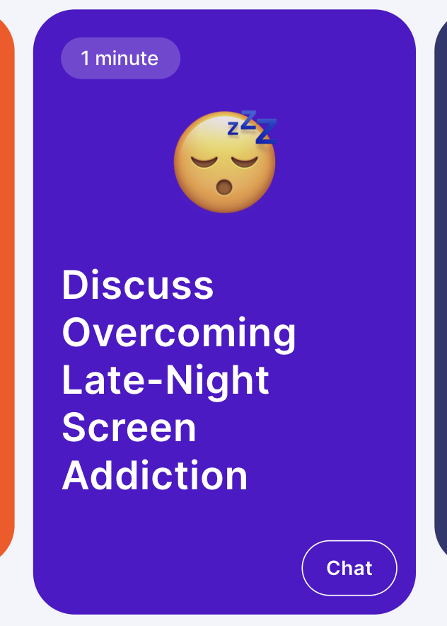 Purple card with a sleeping face emoji and text: Discuss overcoming late-night screen addiction.