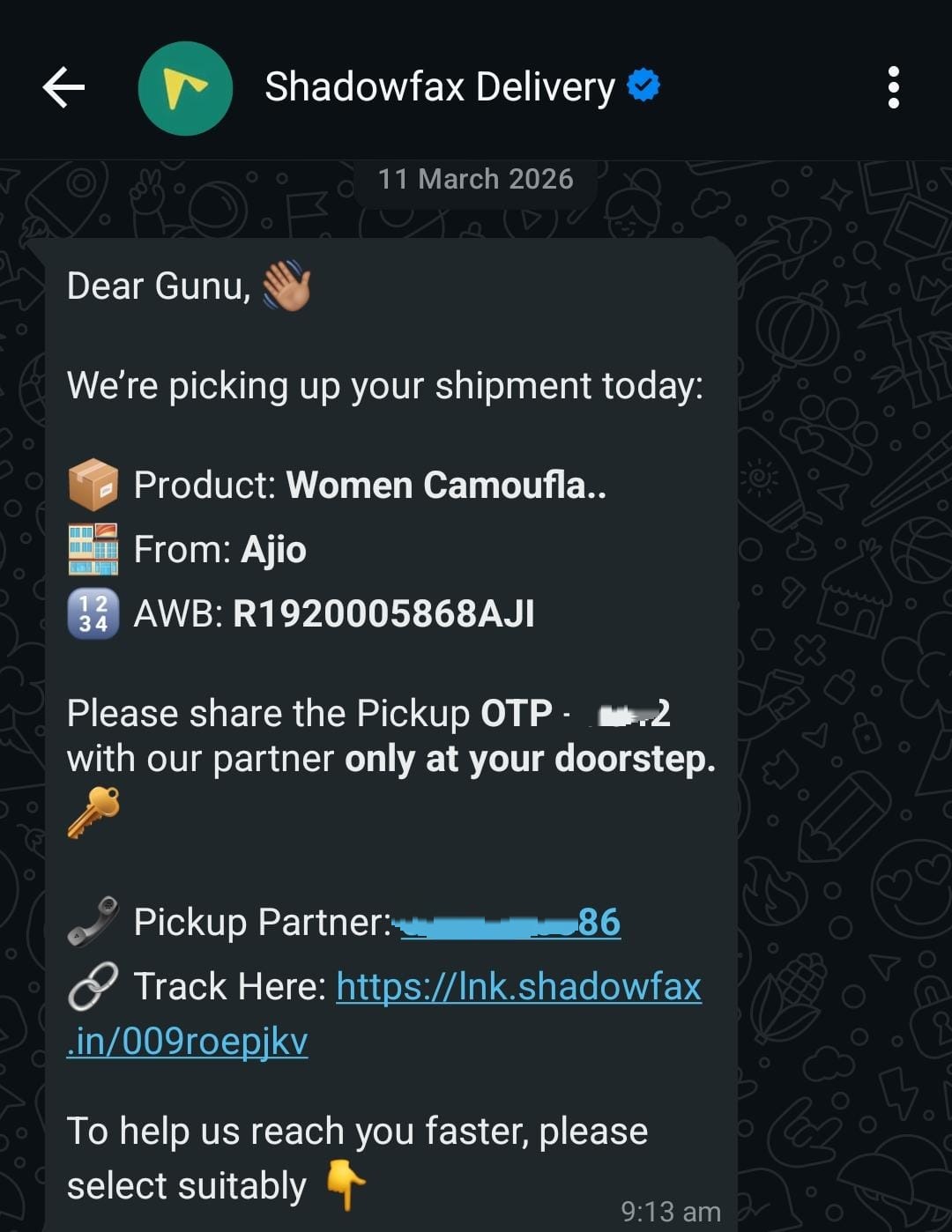 Pickup scheduling message