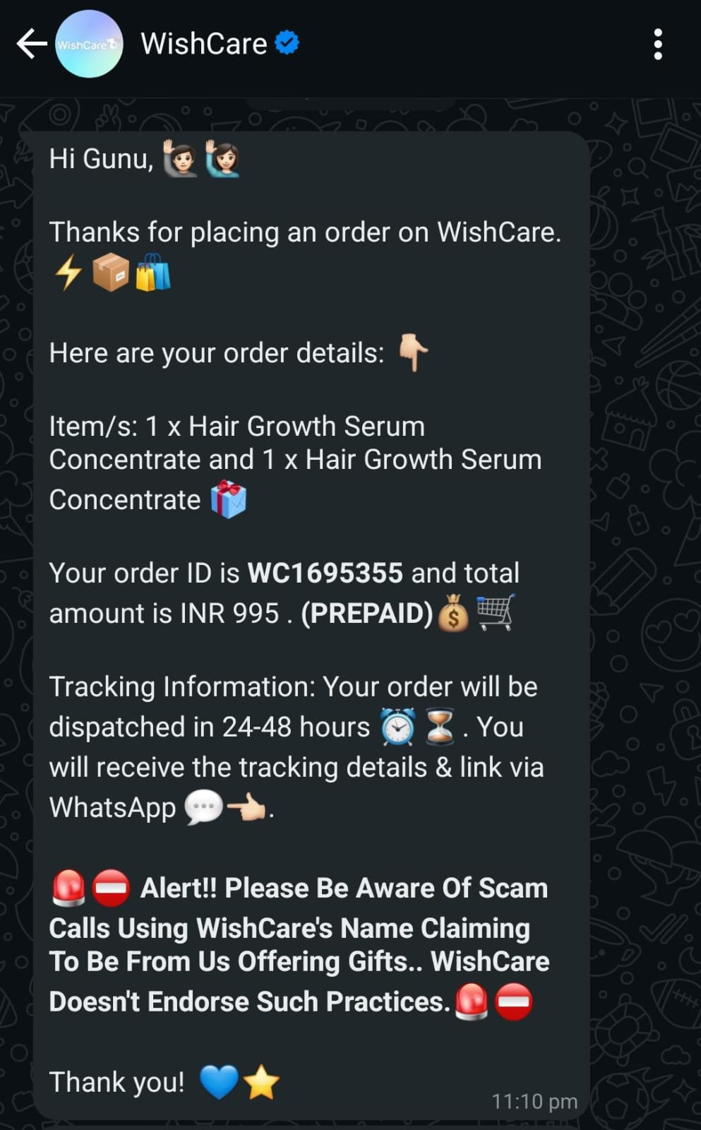 Order placing confirmation WhatsApp Update