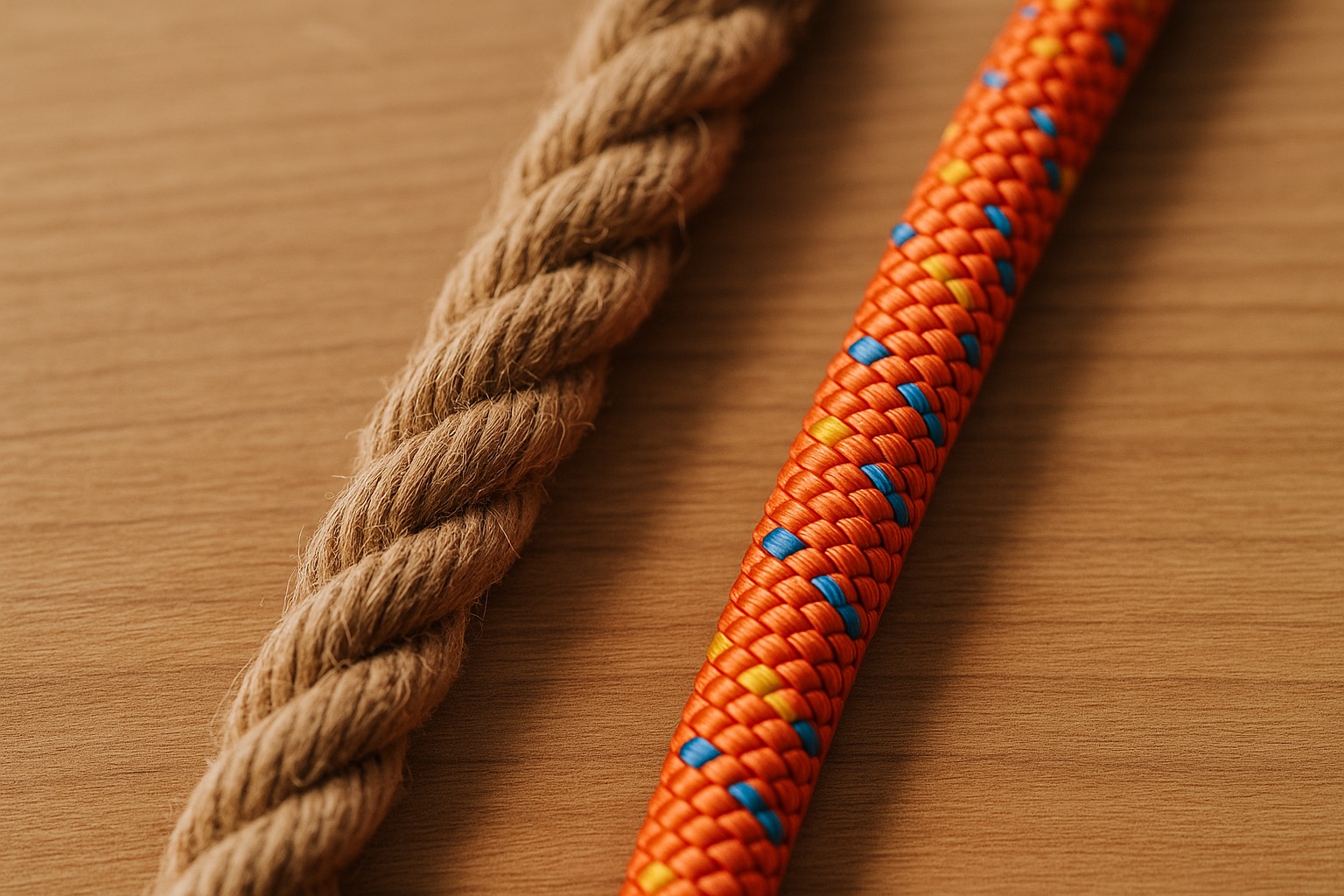 Bruin jute touw naast een oranje synthetisch klimtouw op een houten ondergrond