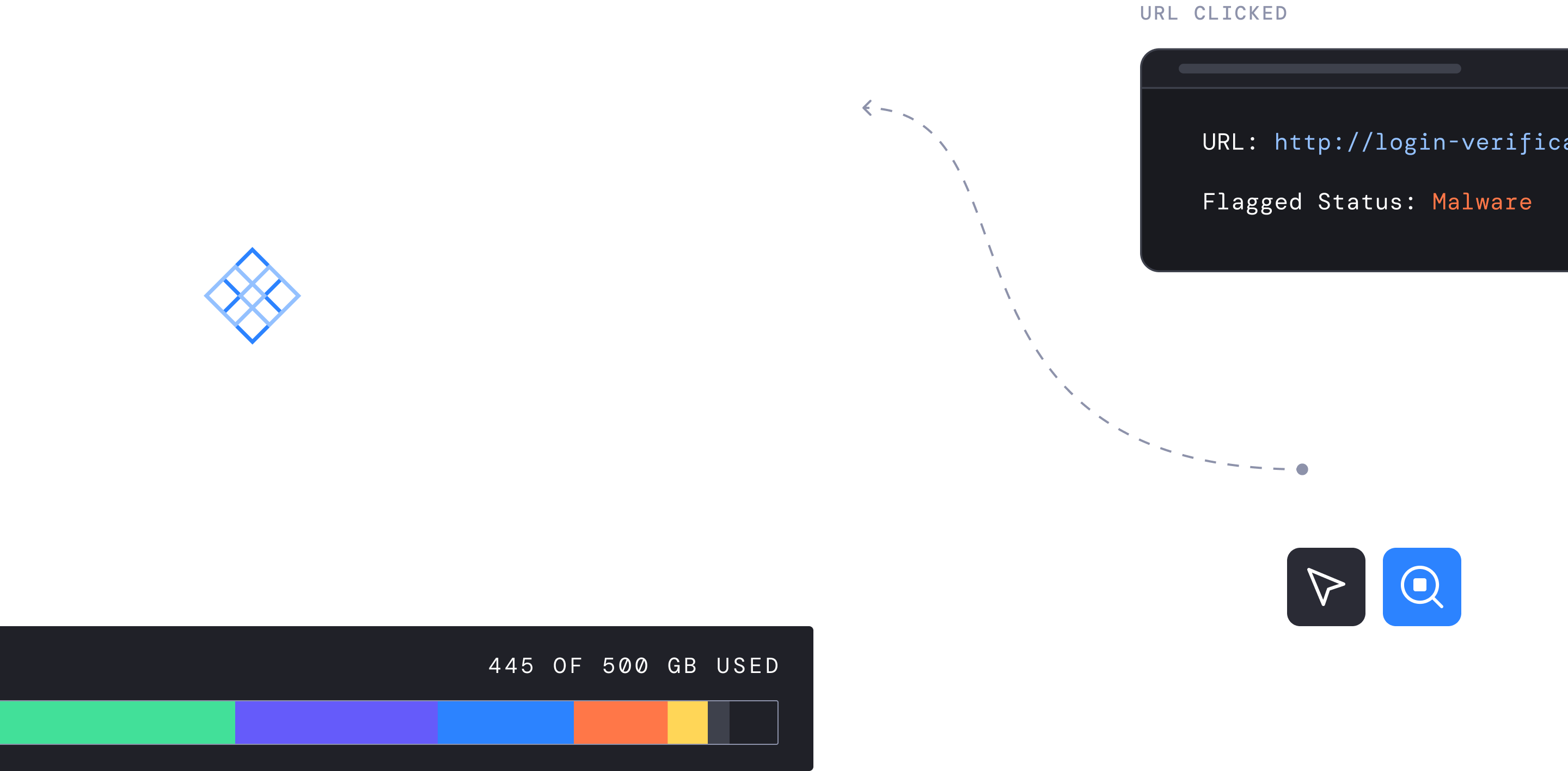 A collage of LogSeam elements representing FABRIQ's design language. These assets include a logomark, arrow, cursor icons, and data block.