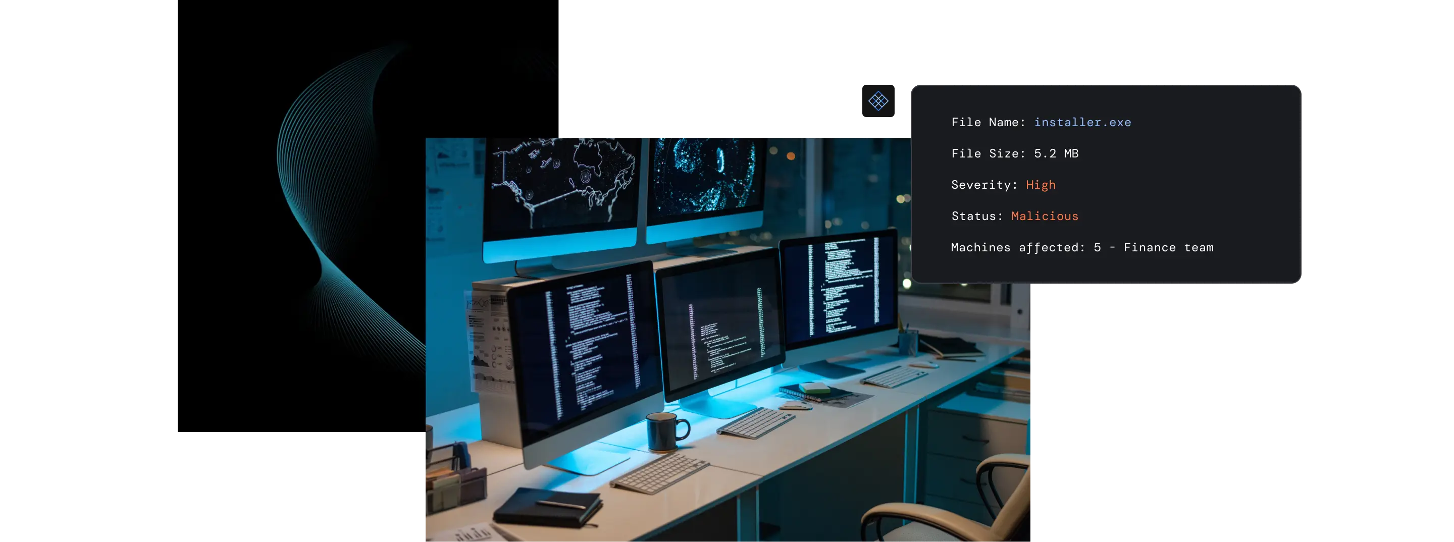 A collage of visuals related to LogSeam. These include a data block, photo with monitors, and lined visuals.