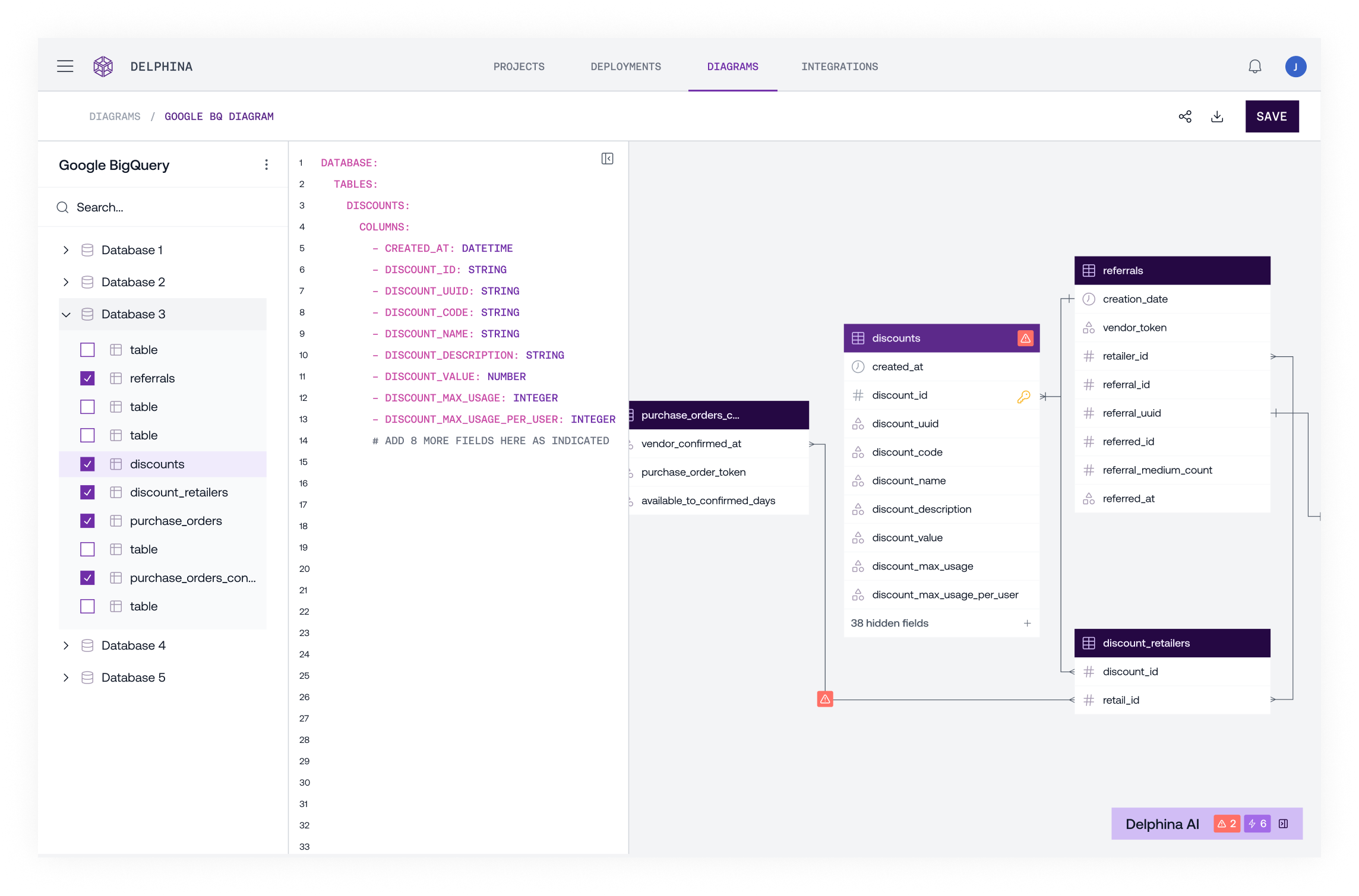 a delphina desktop interface showing a yaml code editor in the creating erd screen