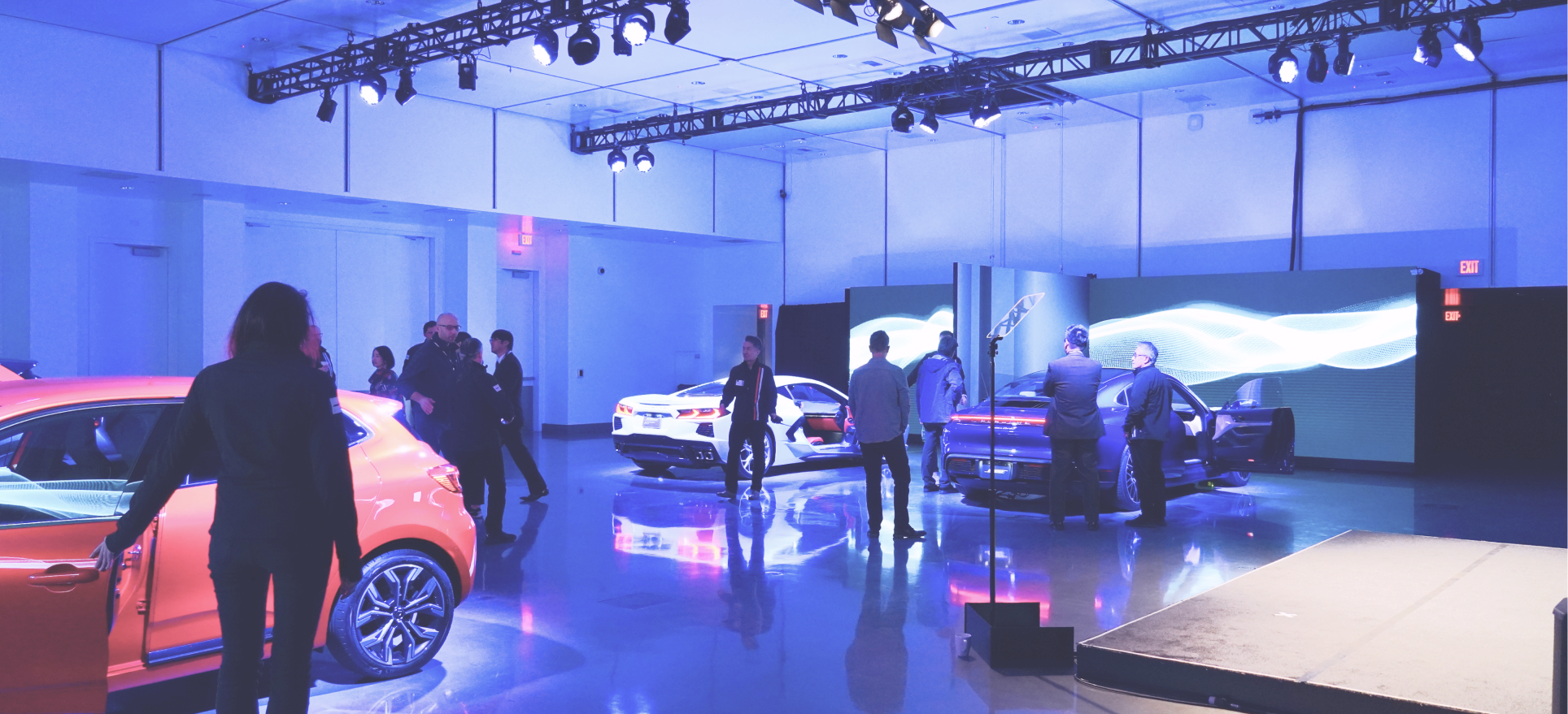 car showroom with people walking