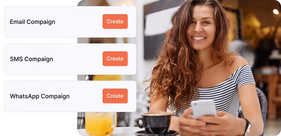 Restaurant guest reading a marketing message on her phone, next to the Hostme interface showing options for creating SMS, email, and WhatsApp campaigns.