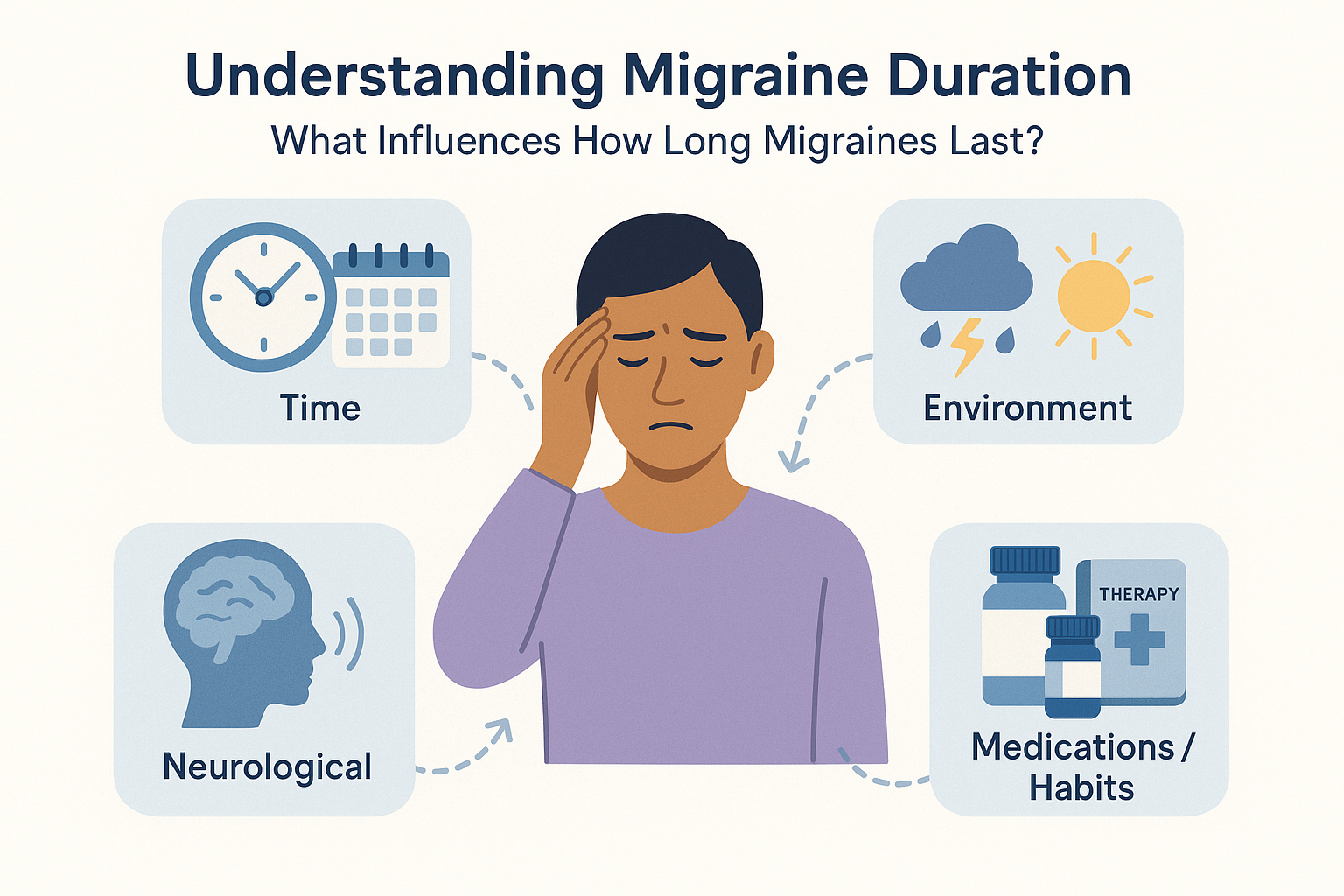 Educational infographic depicts an adult with migraine, surrounded by panels showing time tracking, weather triggers, medication and habits, and neurological activity. Soft, calming colors support readability. Dashed arrows connect each factor to the central figure. Labels under each icon for clarity.