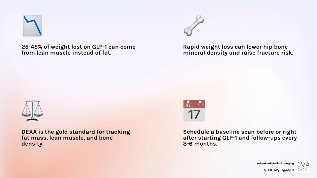Infographic showing how GLP-1 medications affect fat mass, lean muscle, and bone density infographic Infographic showing how GLP-1 medications affect fat mass, lean muscle, and bone density infographic