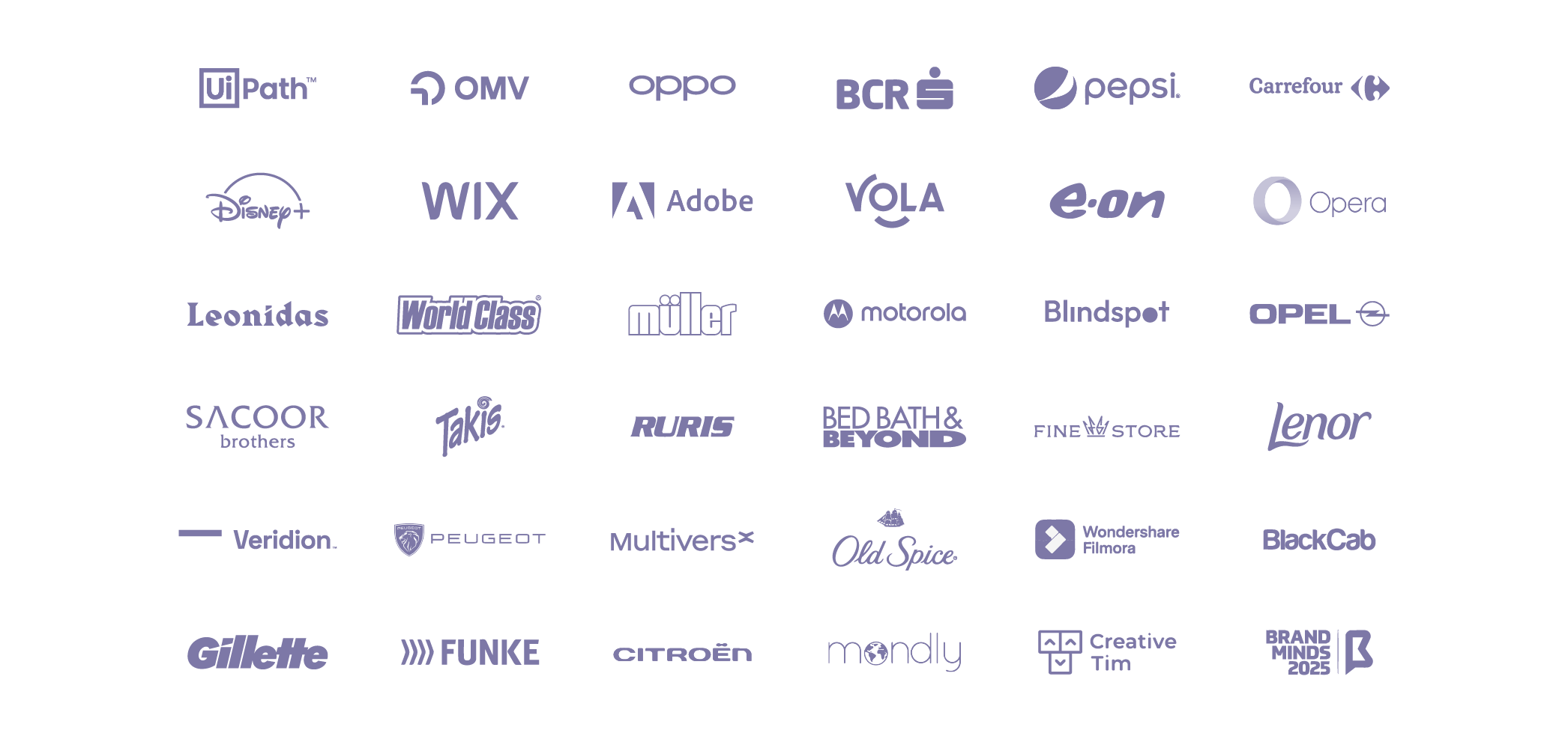 Colaj cu logo-urile unor branduri cunoscute precum UiPath, OMV, Oppo, BCR, Pepsi, Carrefour, Disney+, Wix, Adobe, Vola, E.ON, Opera, Leonidas, World Class, Müller, Motorola, Blindspot, Opel, Sacoor Brothers, Takis, Ruris, Bed Bath & Beyond, Fine Store, Lenor, Veridion, Peugeot, MultiversX, Old Spice, Wondershare Filmora, BlackCab, Gillette, Funke, Citroën, Mondly, Creative Tim și Brand Minds 2025.