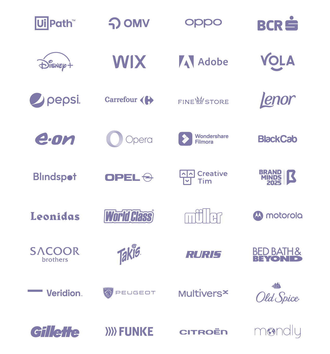 Colaj cu logo-uri ale unor companii cunoscute precum UiPath, OMV, oppo, BCR, Disney+, WIX, Adobe, pepsi, Carrefour, Lenor, Opel, Motorola, Peugeot, Old Spice, Gillette și altele.