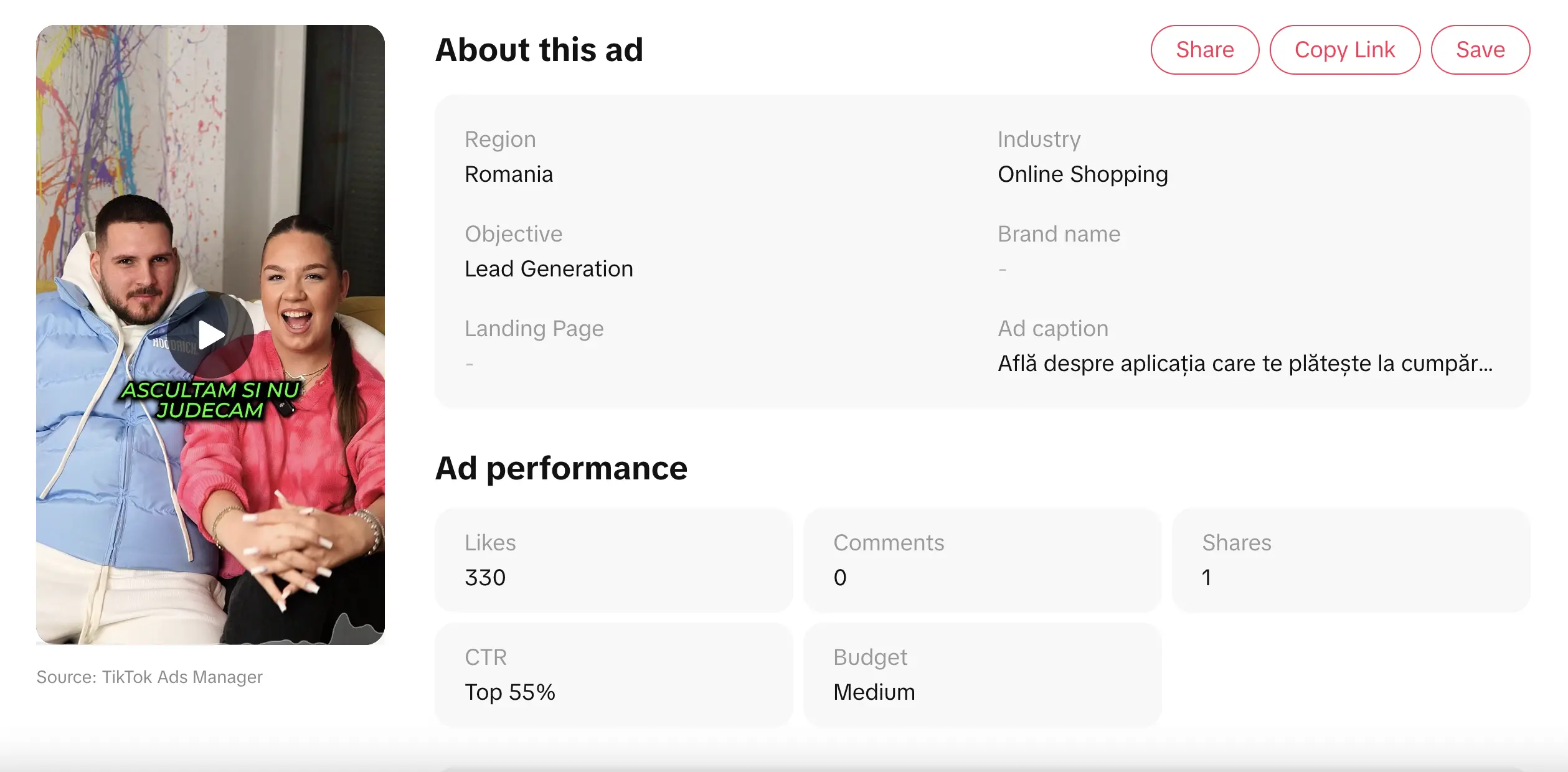 performanta unui retailer ad direct din TikTok Creative Center