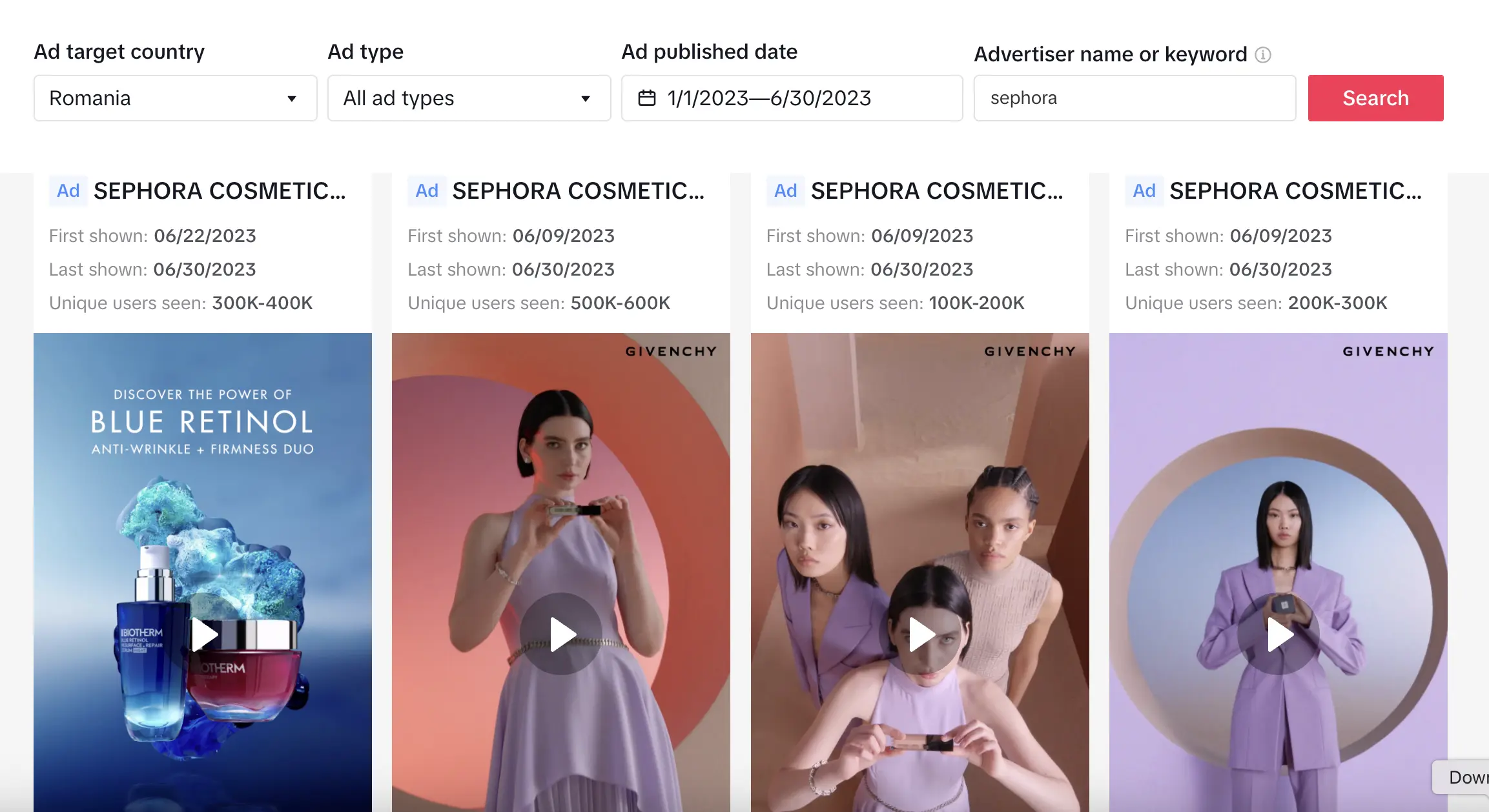 Reclamele unui beauty brand în TikTok Ad Library