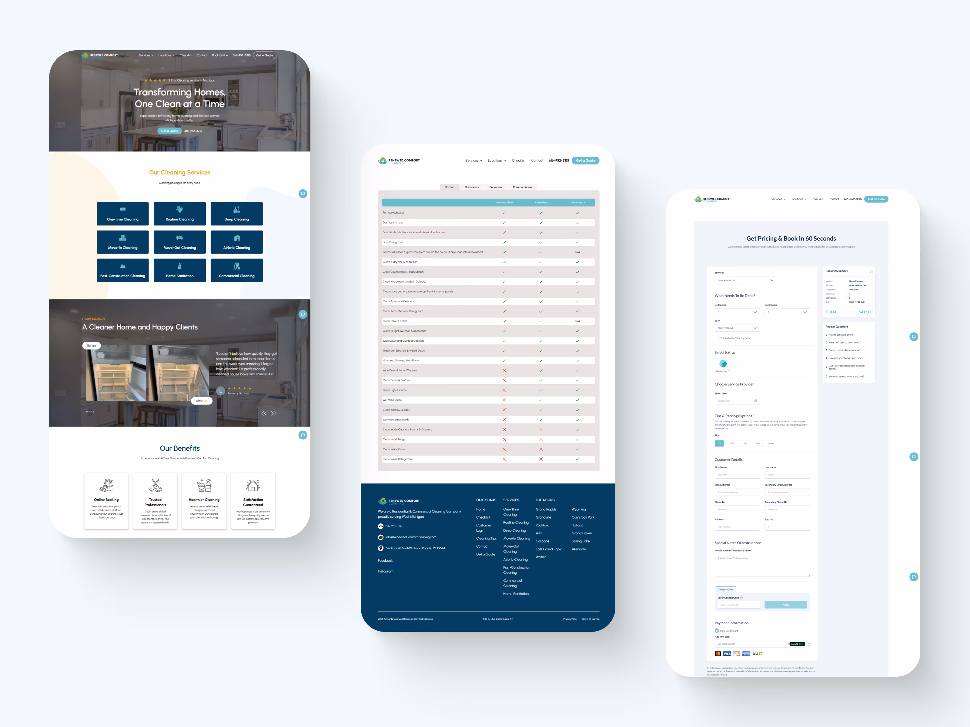 screenshots of renewed comfort cleaning, a house cleaning website designed by Blue Collar Builds