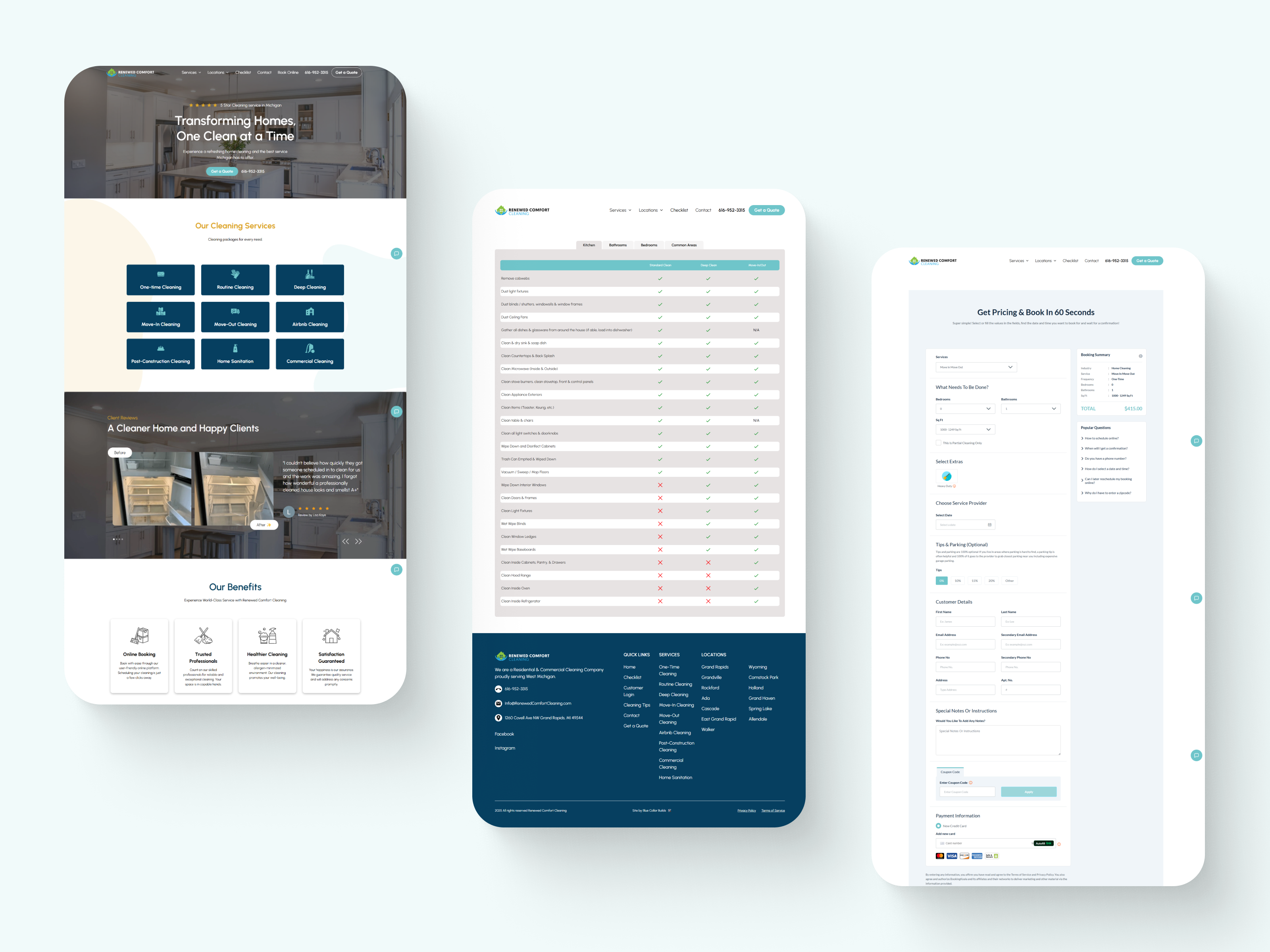 screenshots of renewed comfort cleaning, a house cleaning website designed by Blue Collar Builds