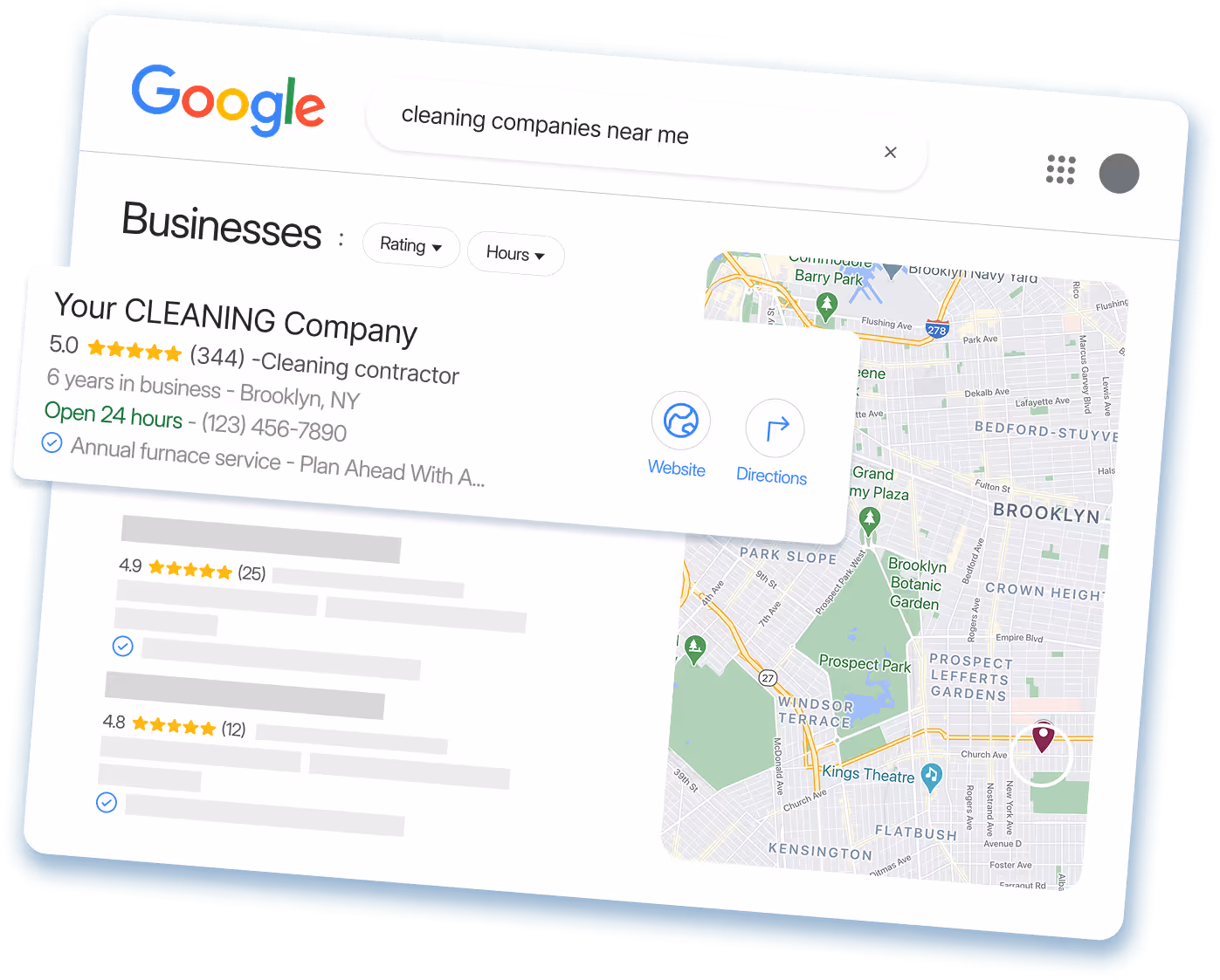 Google search results for 'cleaning companies near me' showing top business Your CLEANING Company with a 5-star rating, Brooklyn location, and map on the right.