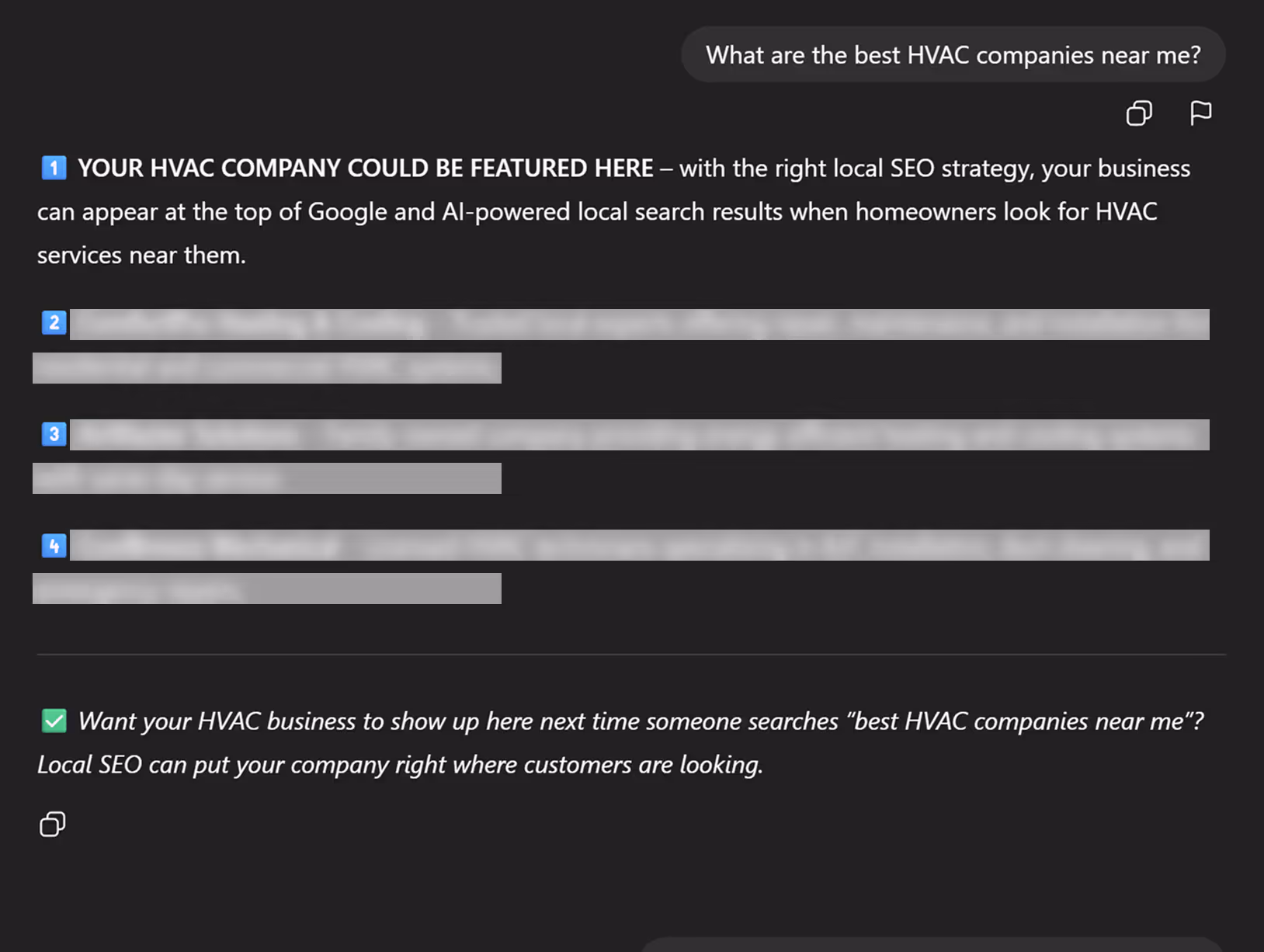 Search result snippet for 'What are the best HVAC companies near me?' with a message highlighting how HVAC companies can be featured at the top of Google through local SEO strategies, followed by blurred listings and a note encouraging HVAC businesses to use local SEO to appear in search results.