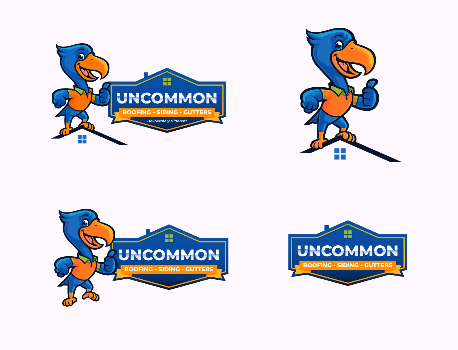 Four variations of logos featuring a blue cartoon bird with an orange beak and shirt, a blue house-shaped sign with green windows, and the text 'UNCOMMON ROOFING - SIDING - GUTTERS'.