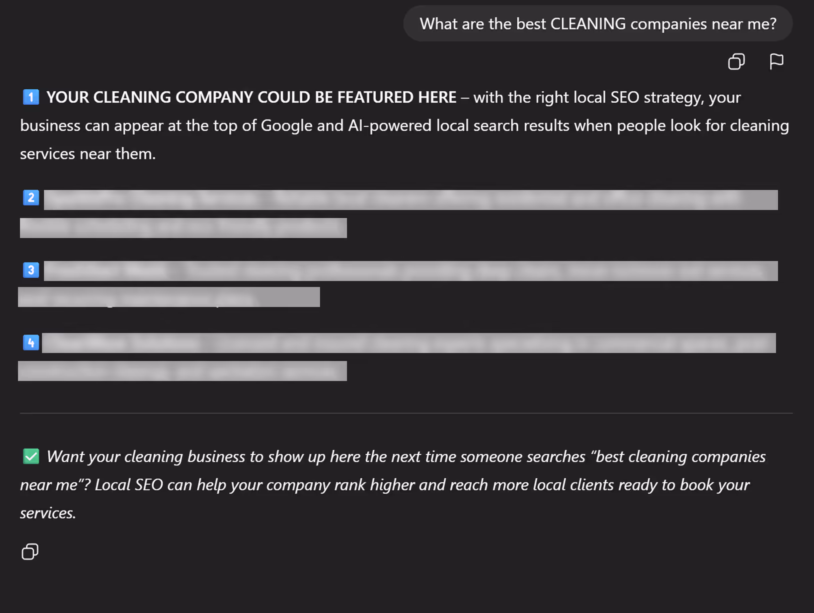 Text message conversation asking for the best cleaning companies nearby, followed by a promotional message about featuring a cleaning company with local SEO to appear at the top of Google and AI-powered local search results.