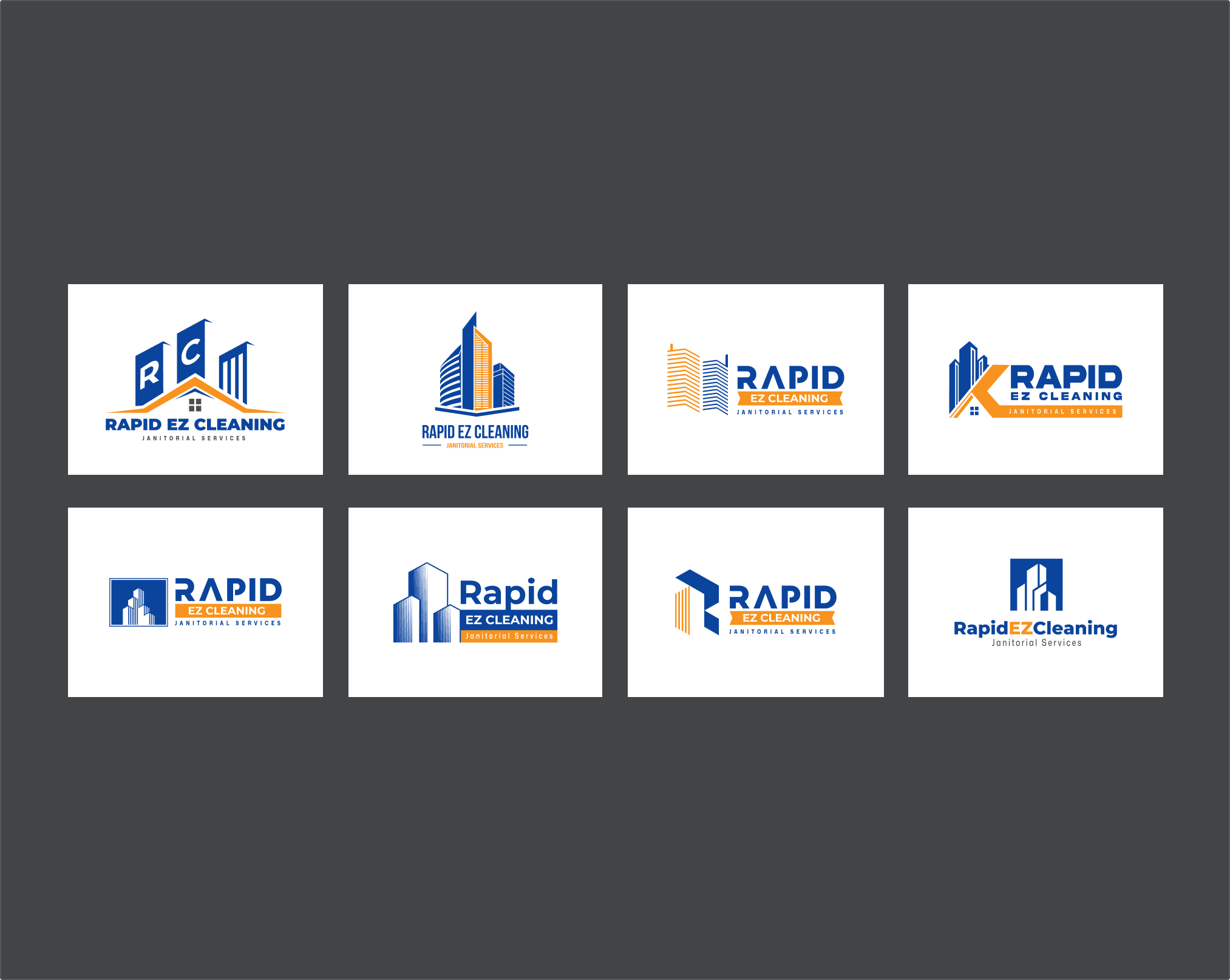 Eight variations of logos for Rapid EZ Cleaning featuring stylized building icons in blue and orange with text 'Rapid EZ Cleaning Janitorial Services'.