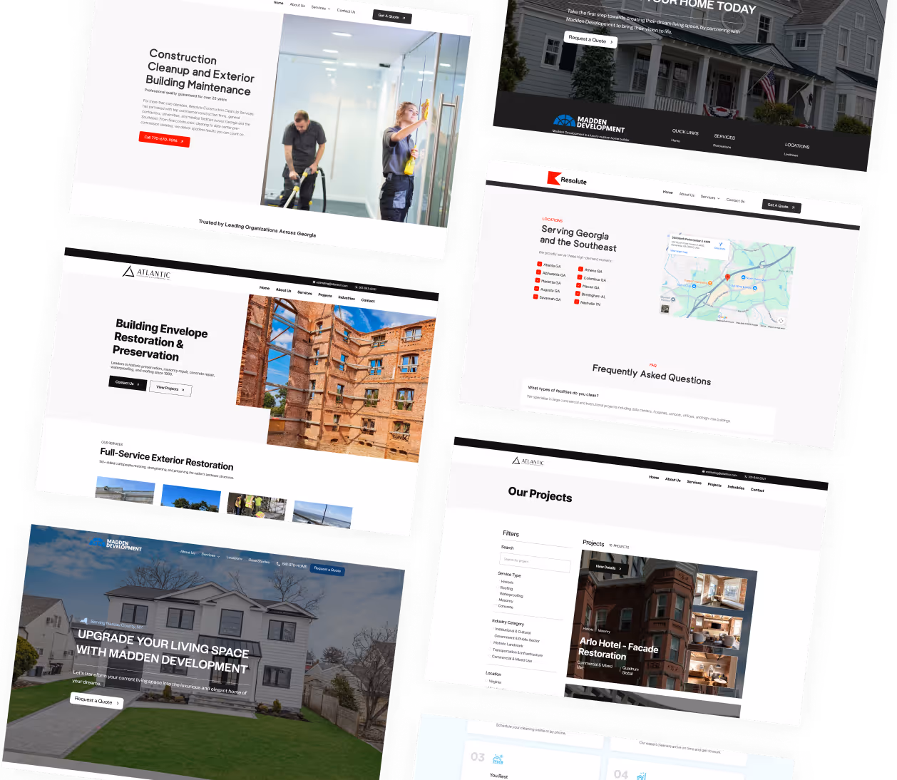 Collage of six different website homepages showing construction and development services, project listings, and company contact options.