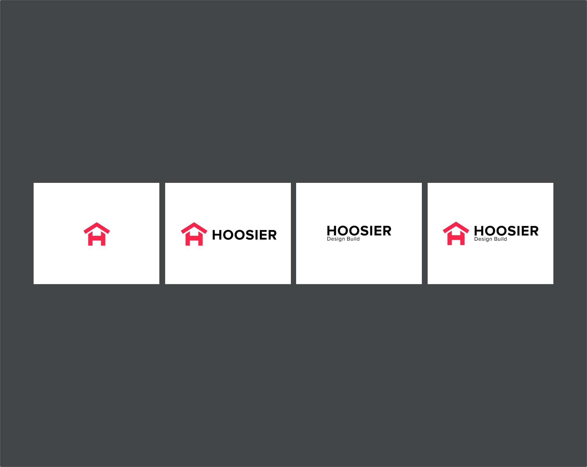 Four variations of the Hoosier Design Build logo featuring a red house-shaped H and black text on white background.